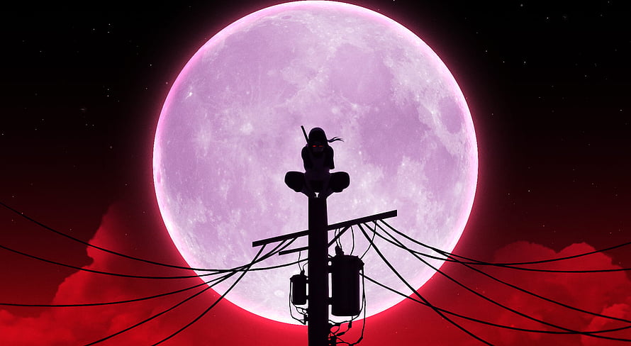 Silhouette of a ninja character sitting on a utility pole against a giant purple moon and red sky HD wallpaper