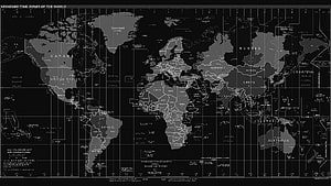 Monochrome World Map Illustrating Standard Time Zones and Global Geography HD wallpaper