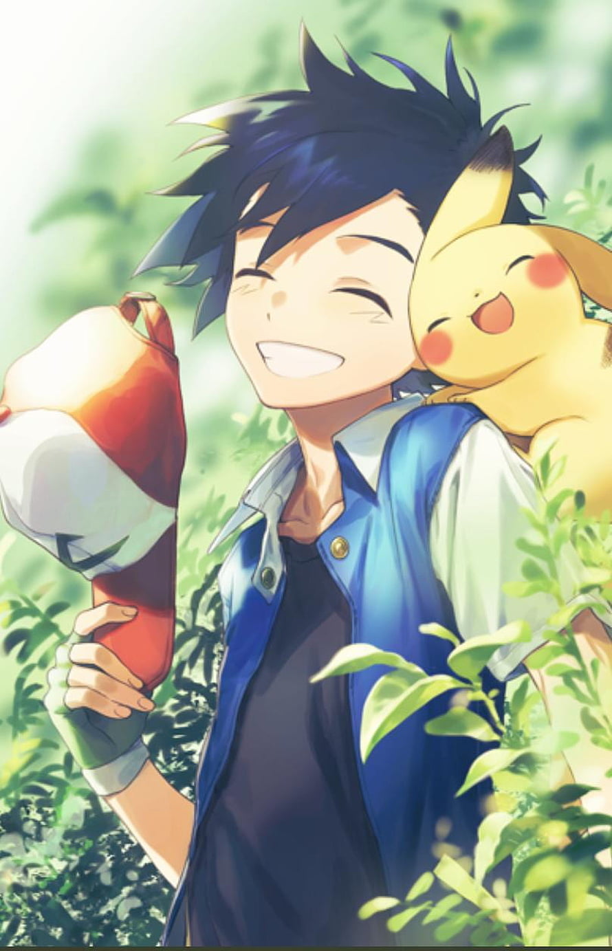 Ash and Pikachu Smiling in a Lush Green Forest with a Poké Ball HD phone wallpaper