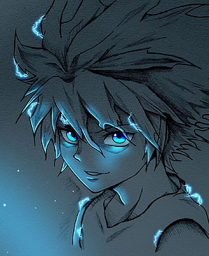 Anime Character Portrait with Electric Blue Lightning and Glowing Eyes HD phone wallpaper