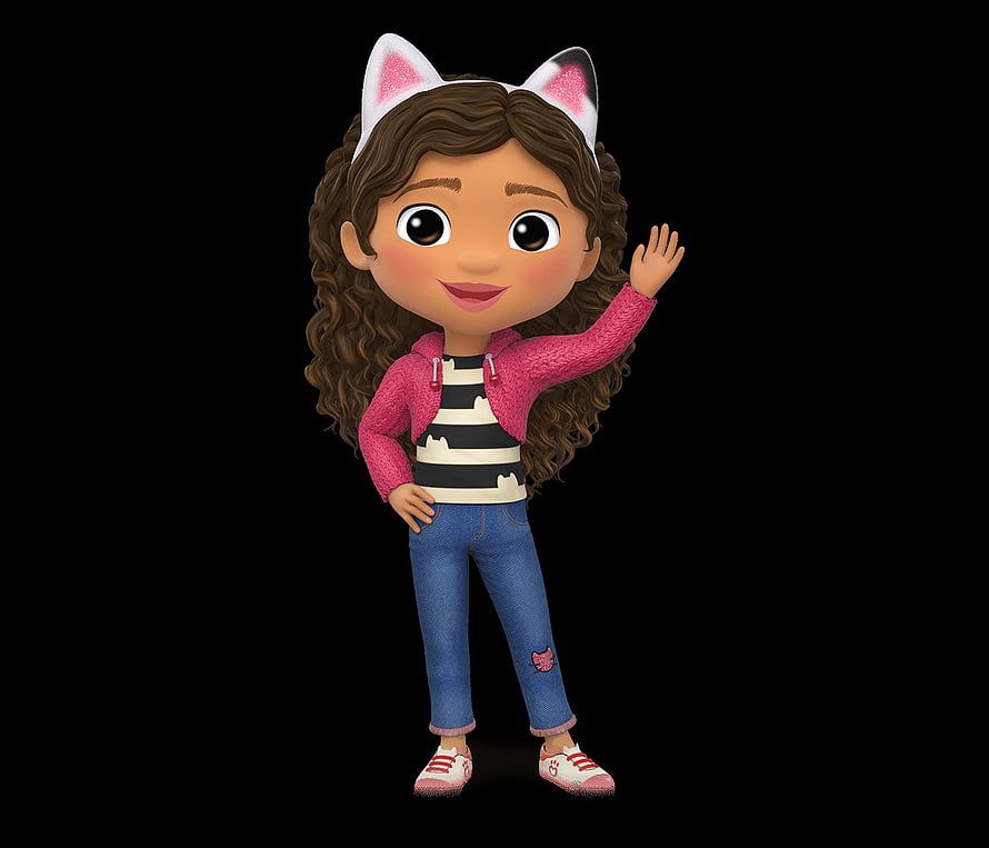 Cute 3D Cartoon Girl with Cat Ears Waving in Pink Jacket and Jeans HD wallpaper