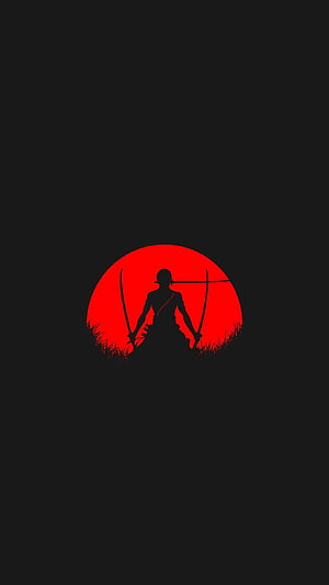 One Piece Samurai Silhouette Against Red Sun Minimalist Dark Wallpaper HD phone wallpaper
