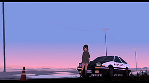 Anime Girl Leaning on Car at Sunset in Retro Lo-Fi Style HD wallpaper