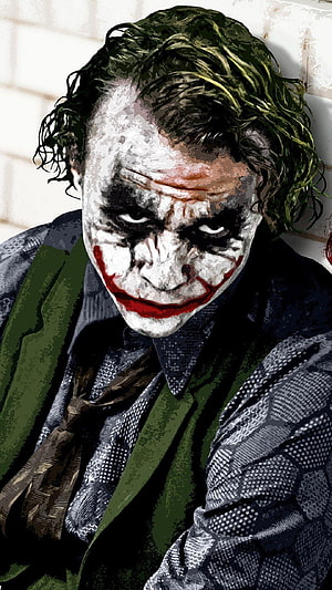 Heath Ledger as The Joker in The Dark Knight with white face paint and green suit HD phone wallpaper