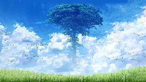 Xenoblade World Tree Rising Above Clouds and Green Grassland HD wallpaper
