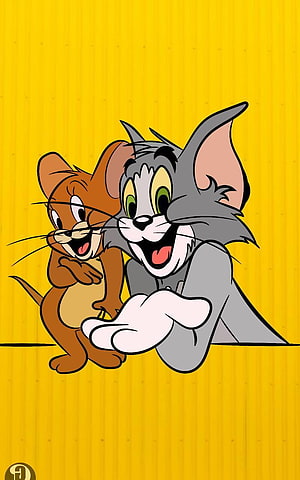 Tom and Jerry Classic Cartoon Characters Peeking Over a Yellow Background HD phone wallpaper
