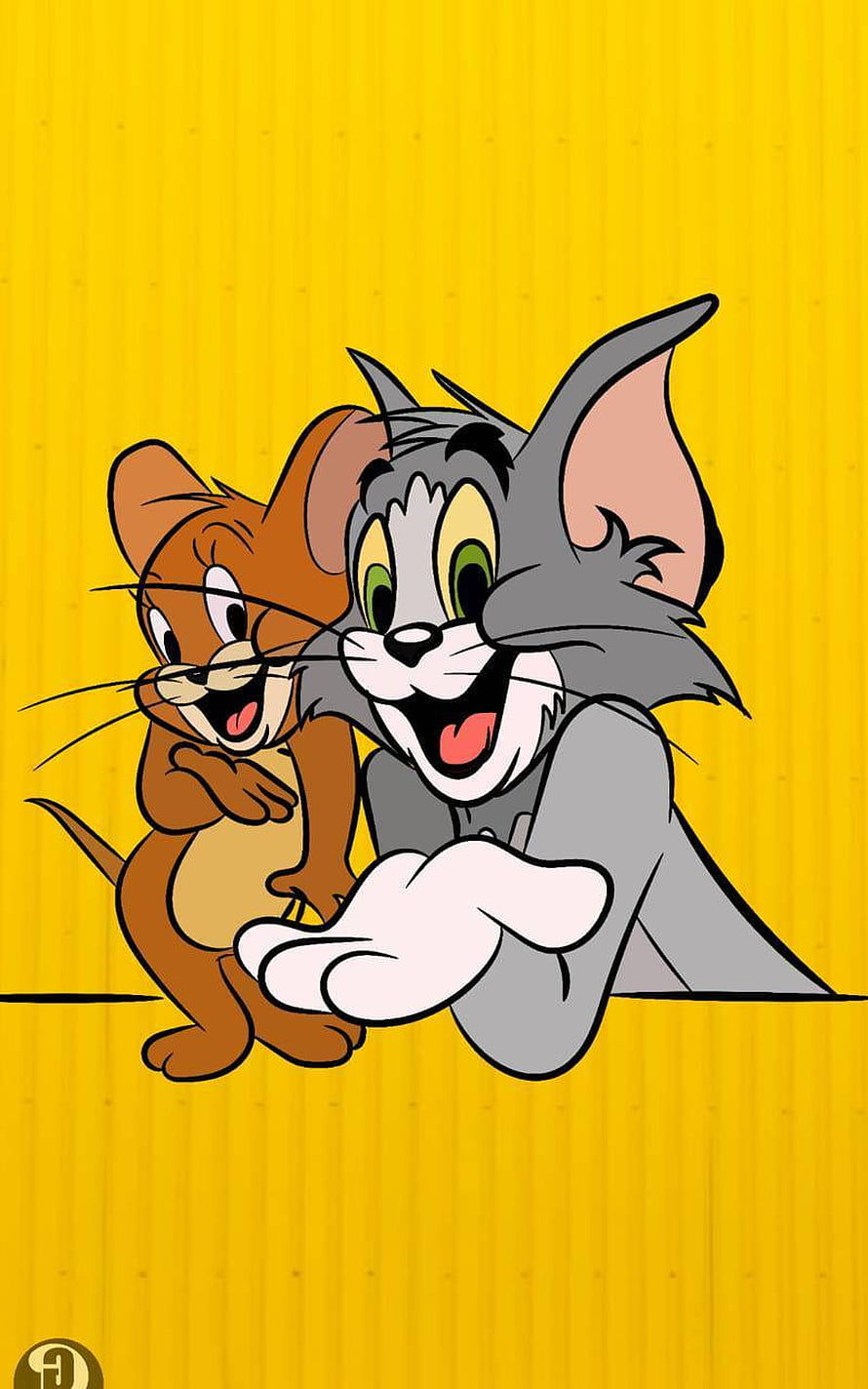 Tom and Jerry Classic Cartoon Characters Peeking Over a Yellow Background HD phone wallpaper