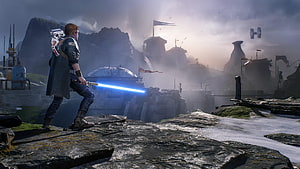 Cal Kestis with Blue Lightsaber in Star Wars Jedi Survivor HD wallpaper