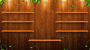 Rustic wooden wall shelves with hanging lights and green vines on a dark wood panel background HD wallpaper