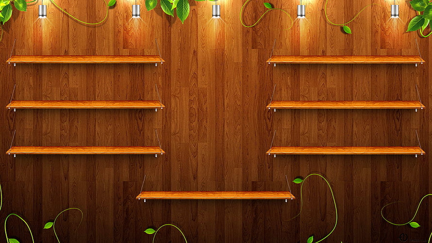Rustic wooden wall shelves with hanging lights and green vines on a dark wood panel background HD wallpaper