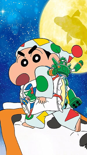 Crayon Shin-chan in a colorful pajama suit holding a green robot toy under a large moon and starry night sky HD phone wallpaper