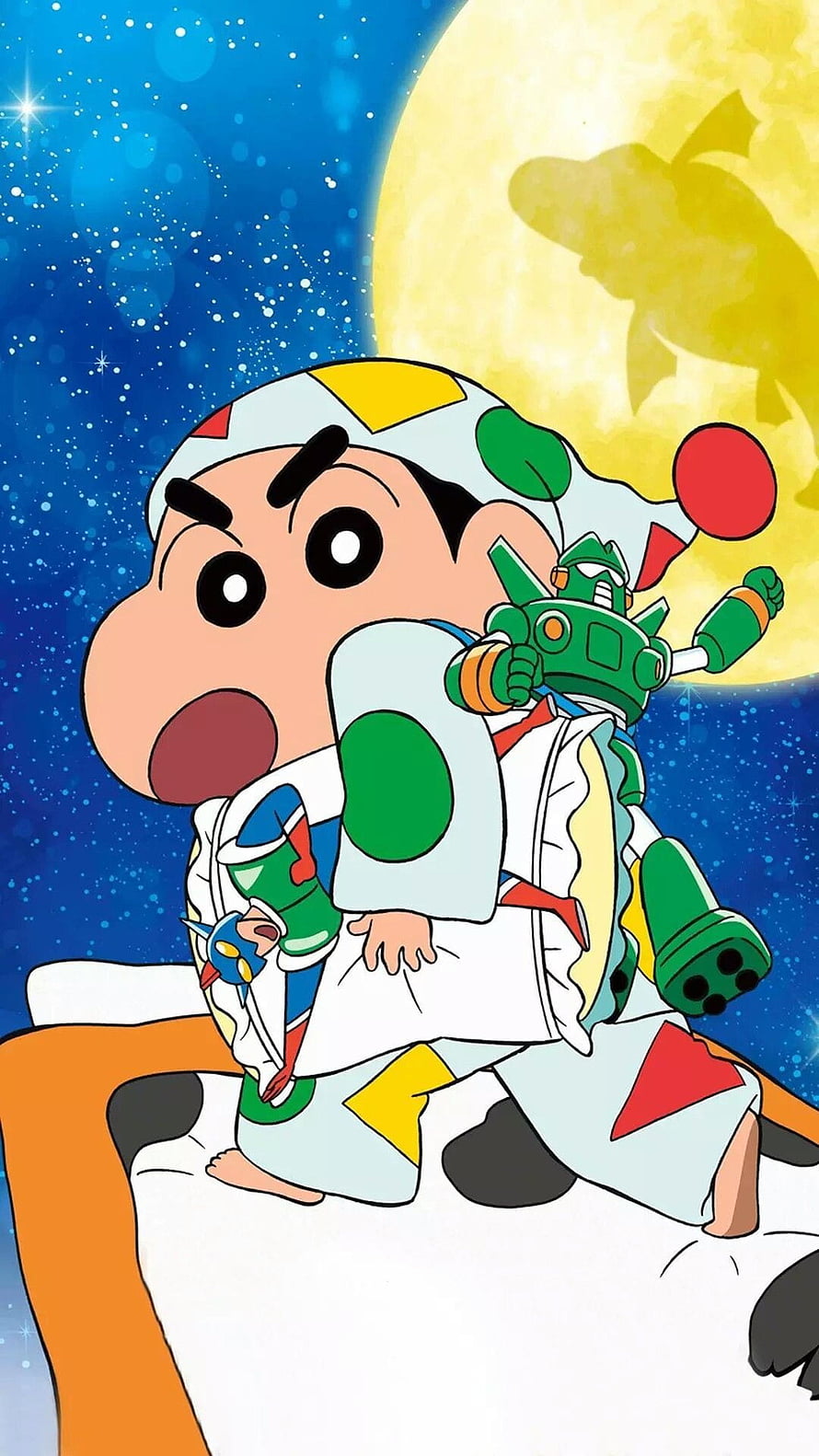 Crayon Shin-chan in a colorful pajama suit holding a green robot toy under a large moon and starry night sky HD phone wallpaper