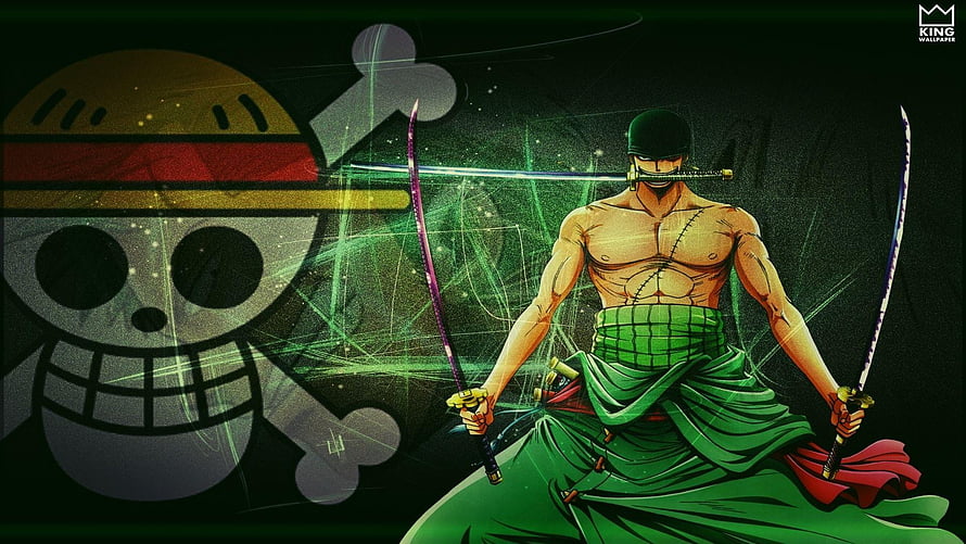 Roronoa Zoro Wielding Three Swords Beside the Straw Hat Pirates Jolly Roger HD wallpaper