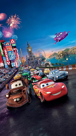 Lightning McQueen and Mater racing through a global cityscape with fireworks in Cars 3 HD phone wallpaper