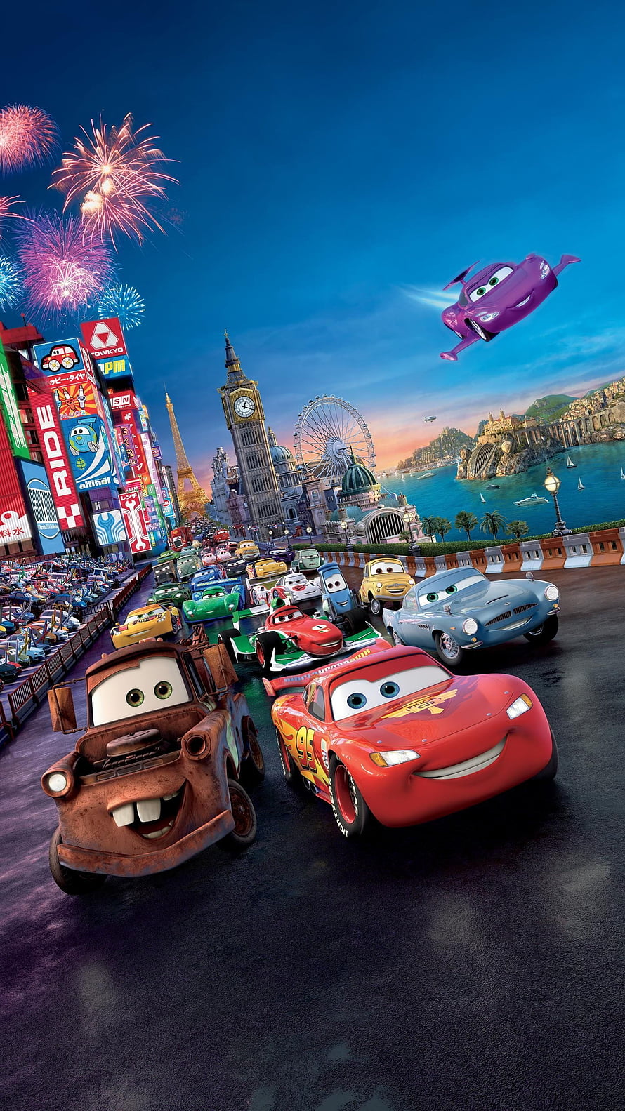 Lightning McQueen and Mater racing through a global cityscape with fireworks in Cars 3 HD phone wallpaper