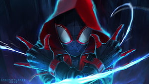 Miles Morales Spider-Man in Red and Black Suit with Blue Energy Effects, Miles Morales, Spider, miles morales spider man HD wallpaper