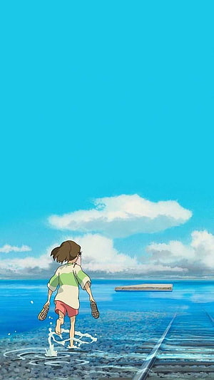 Studio Ghibli Anime Girl Running Along Ocean Railway Tracks Under Blue Sky HD phone wallpaper
