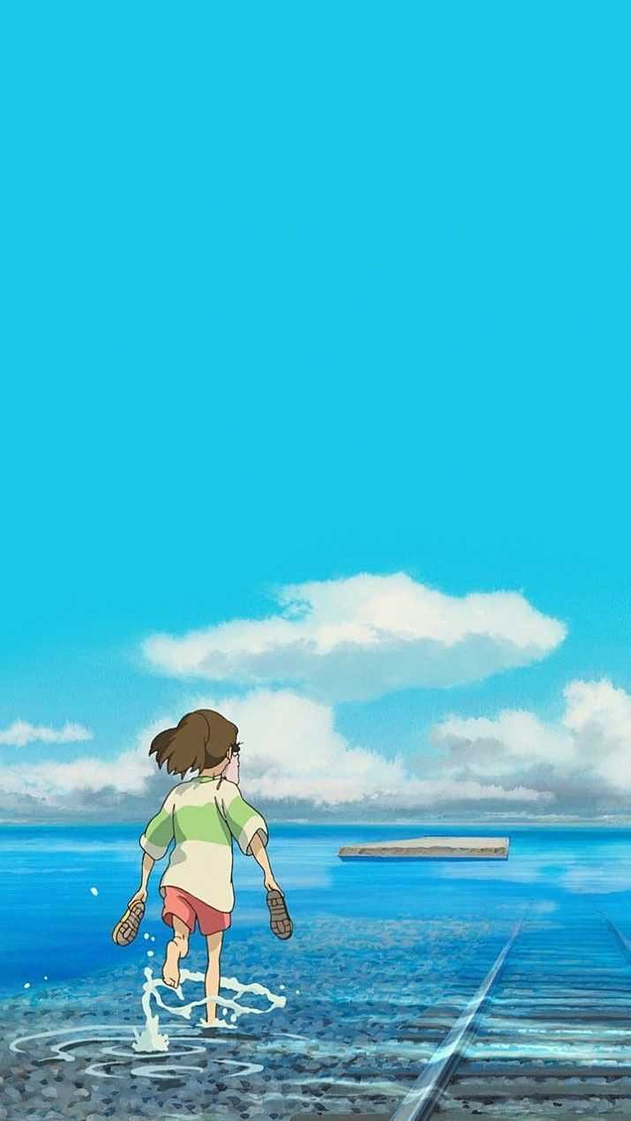 Studio Ghibli Anime Girl Running Along Ocean Railway Tracks Under Blue Sky HD phone wallpaper