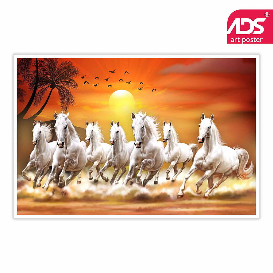 Seven White Horses Galloping at Sunset with Palm Trees and Birds HD phone wallpaper