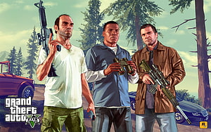 Grand Theft Auto V Three Main Characters Holding Weapons in Forest Setting HD wallpaper