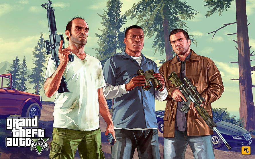Grand Theft Auto V Three Main Characters Holding Weapons in Forest Setting HD wallpaper