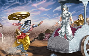 Krishna Wields Sudarshana Chakra Against Kamsa in Mythological Battle Scene HD wallpaper