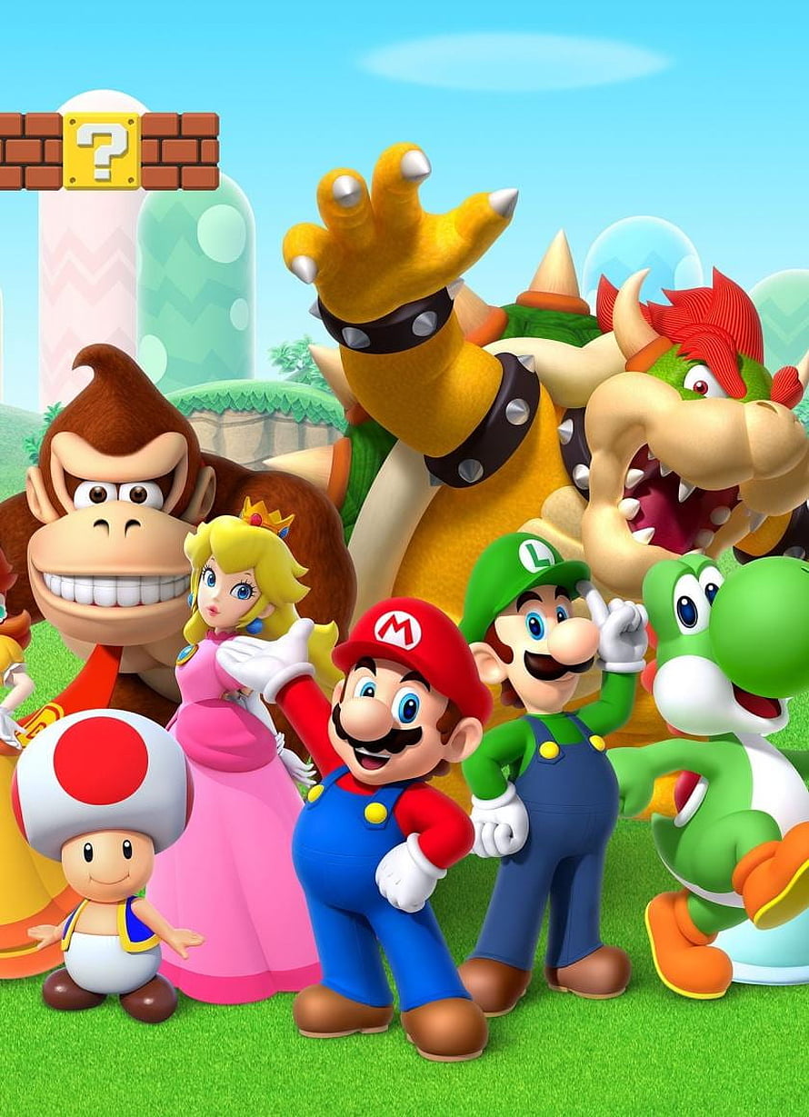Super Mario Odyssey group shot with Mario, Luigi, Peach, Donkey Kong, Yoshi, Toad, and Bowser HD phone wallpaper