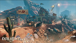 Farlight 84 Post-Apocalyptic Desert Outpost with Rusty Vehicles and Cacti HD wallpaper