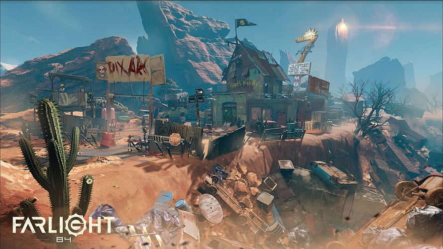 Farlight 84 Post-Apocalyptic Desert Outpost with Rusty Vehicles and Cacti HD wallpaper