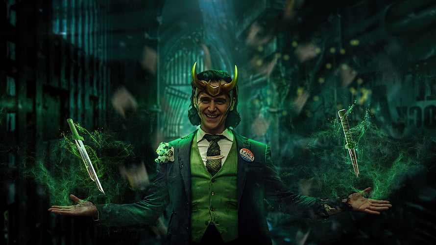 Loki God of Mischief in Green Suit with Floating Daggers and Magic HD wallpaper