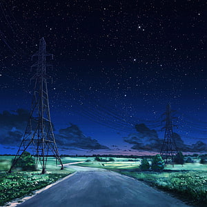 Anime Night Sky Over Rural Road With Power Lines And Starry Horizon HD phone wallpaper