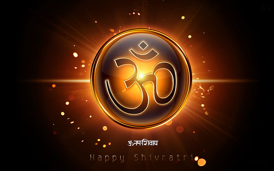 Glowing Om Symbol with Golden Light Rays and Sparkles for Happy Shivratri Celebration HD wallpaper
