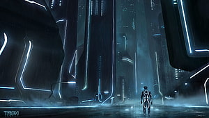 Tron Legacy Grid Scene with Lone Figure in Futuristic Neon Cityscape HD wallpaper