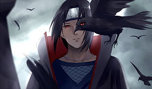Itachi Uchiha with Crow in Dark Stormy Sky Anime Illustration HD wallpaper