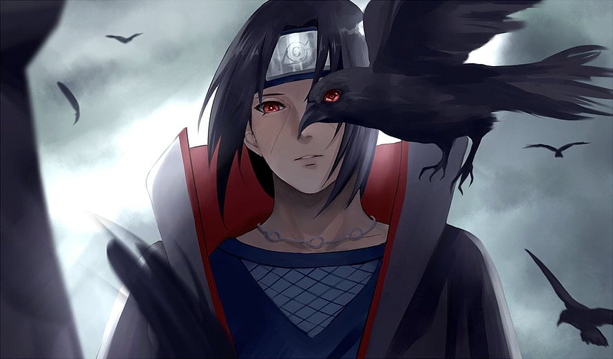 Itachi Uchiha with Crow in Dark Stormy Sky Anime Illustration HD wallpaper