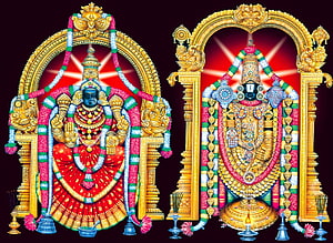 Balaji and Padmavathi Deities Adorned in Gold and Flower Garlands HD wallpaper