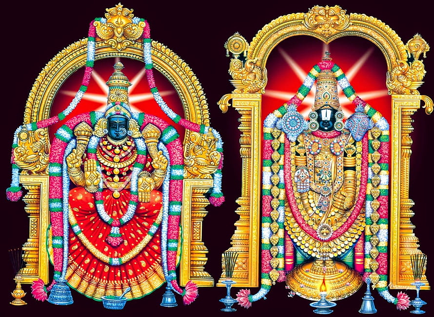 Balaji and Padmavathi Deities Adorned in Gold and Flower Garlands HD wallpaper