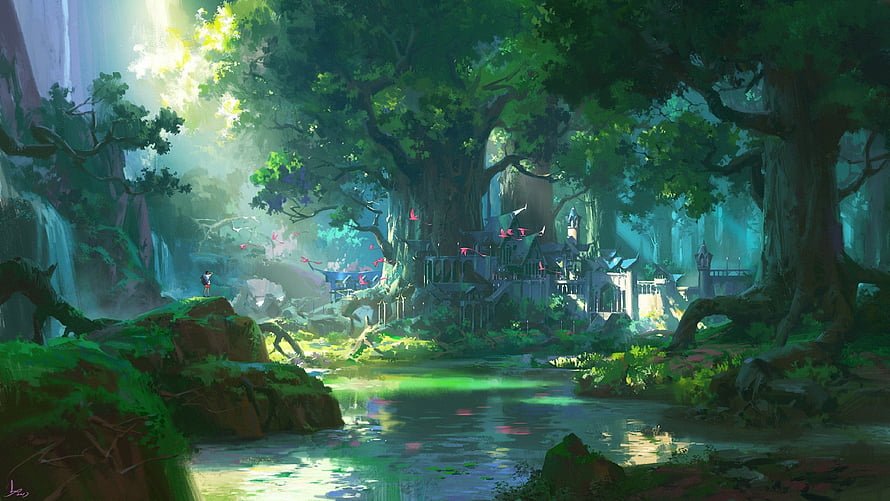 Enchanted Forest Village with Ancient Trees and River HD wallpaper