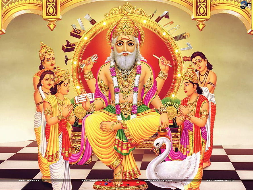 Lord Vishwakarma Seated on Throne with Attendants and Tools HD wallpaper
