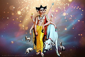 Dattatreya with white bull and dogs in radiant cosmic setting HD wallpaper