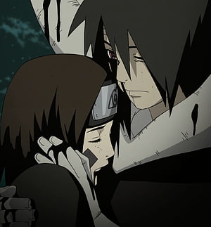 Obito and Rin Sharingan Embrace in Dark Anime Scene HD phone wallpaper