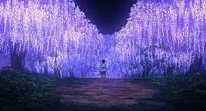 Demon Slayer Wisteria Glen Night Scene with Character Walking Through Purple Blossoms HD wallpaper