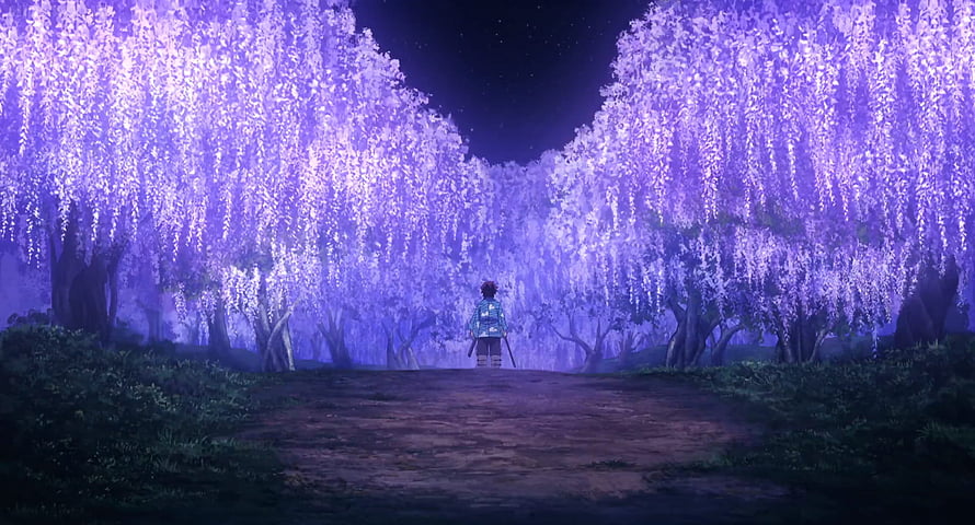 Demon Slayer Wisteria Glen Night Scene with Character Walking Through Purple Blossoms HD wallpaper