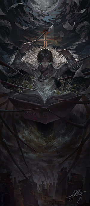 Dark Fantasy Male Sorcerer Casting Spell With Magic Book And Floating Feathers HD phone wallpaper