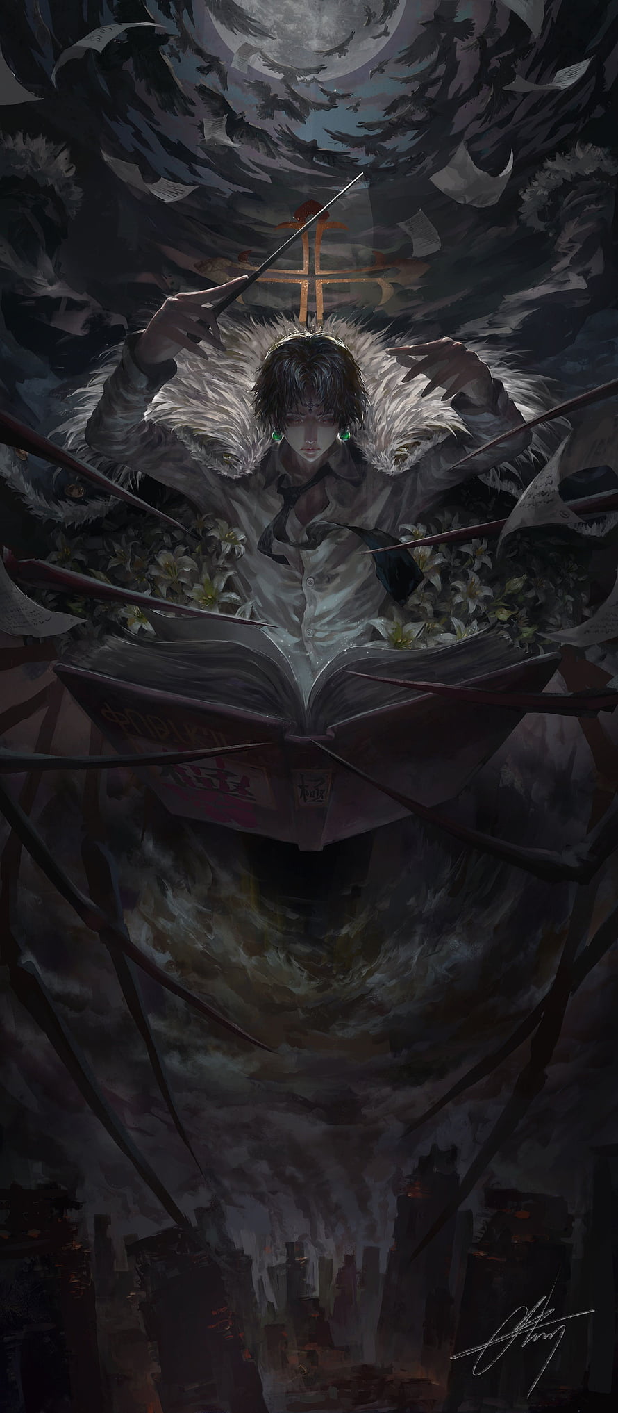 Dark Fantasy Male Sorcerer Casting Spell With Magic Book And Floating Feathers HD phone wallpaper