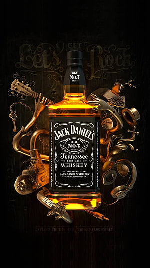 Jack Daniel's Whiskey Bottle Surrounded by Rock and Roll Musical Instruments and Accessories HD phone wallpaper