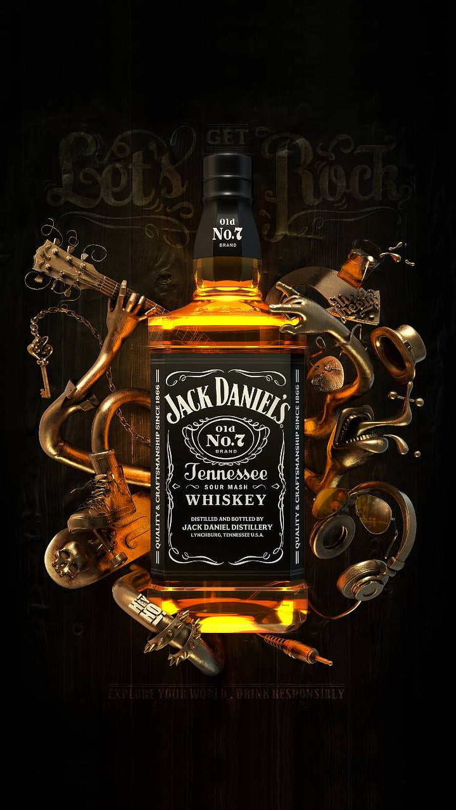 Jack Daniel's Whiskey Bottle Surrounded by Rock and Roll Musical Instruments and Accessories HD phone wallpaper