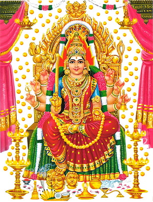 Goddess Durga Sitting on Throne with Weapons and Offerings HD phone wallpaper
