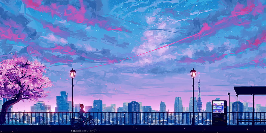 Anime Cityscape at Dusk with Cherry Blossoms and Tokyo Skyline HD wallpaper