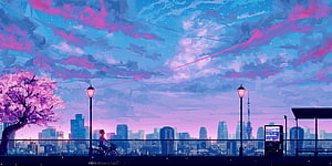 Anime Cityscape at Dusk with Cherry Blossoms and Tokyo Tower HD wallpaper